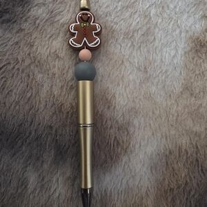 Gold Retractable Pen with Pink and Gray Bead Charm